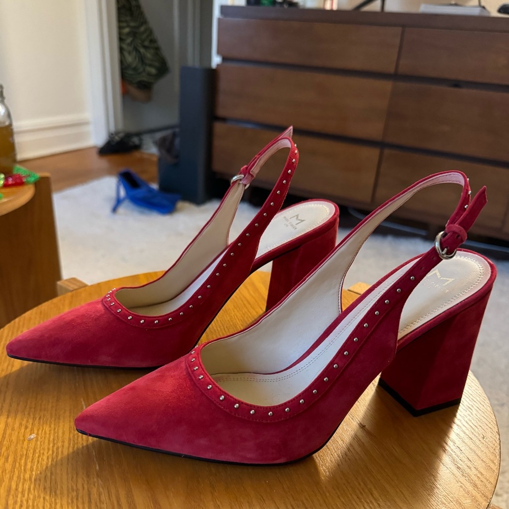 Marc Fisher red suede block heel with silver studs